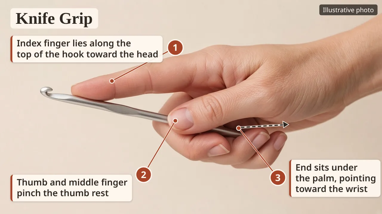 Knife grip: hand over the hook, palm down, like holding a dinner knife; end of the hook under the palm pointing toward the wrist; thumb and middle finger pinch the thumb rest; index finger along the top of the hook toward the head