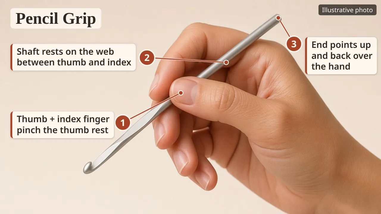Pencil grip: hook held like a pencil between thumb and index finger, shaft resting on the web between them, end of the hook pointing up and back over the hand