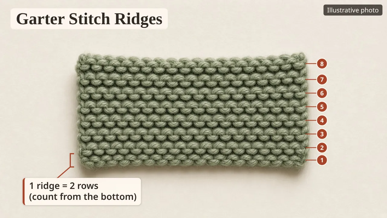Garter stitch swatch with its 8 ridges numbered from the bottom; 1 ridge = 2 rows