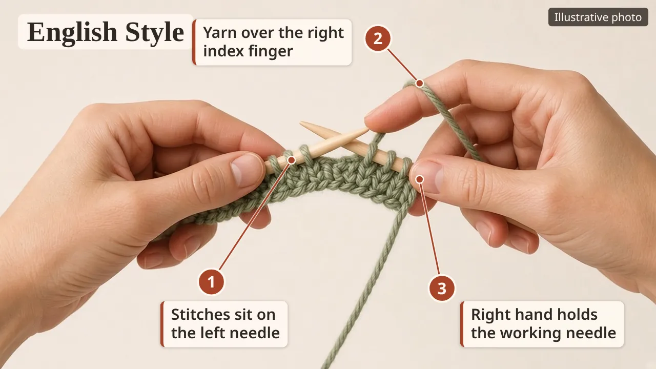English-style knitting: stitches sit on the left needle, the working yarn runs over the right index finger, and the right hand holds the working needle