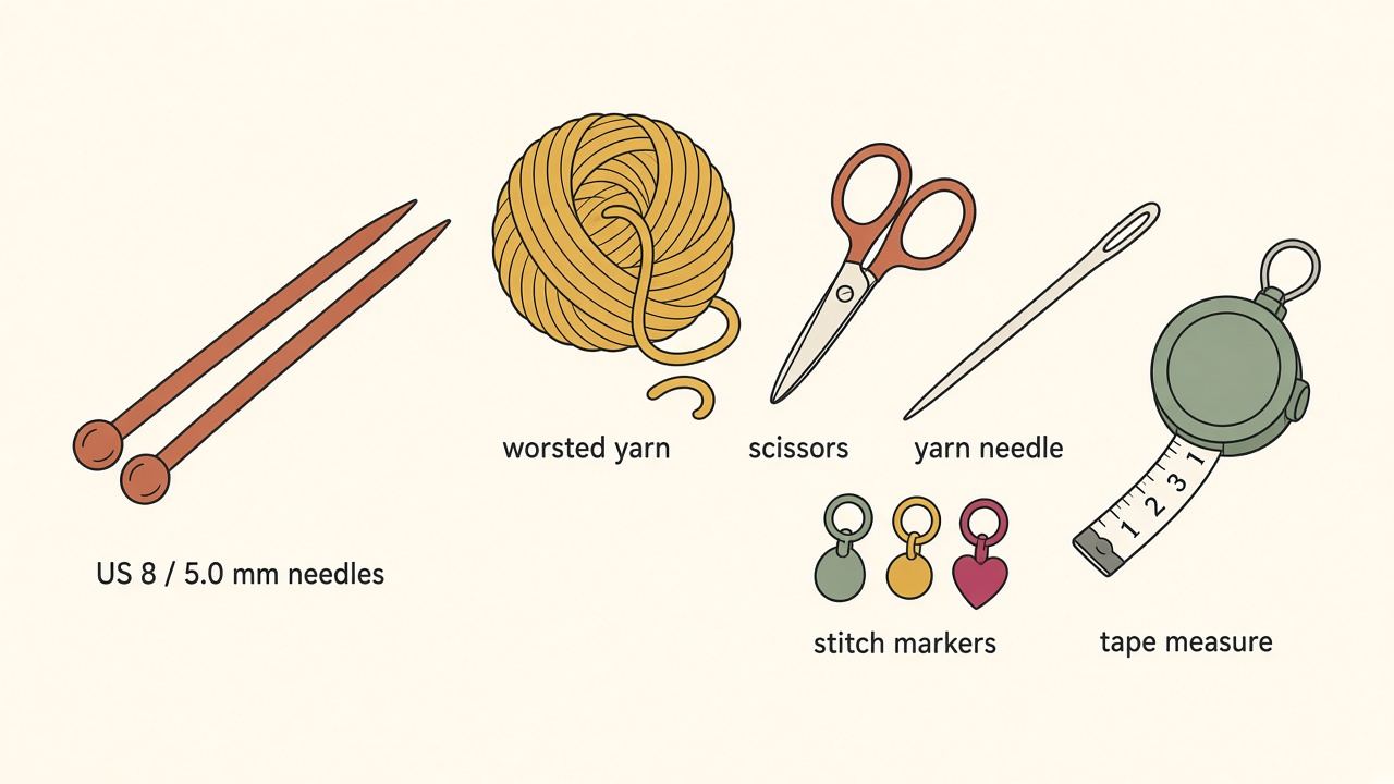 Labeled beginner knitting supplies flat lay
