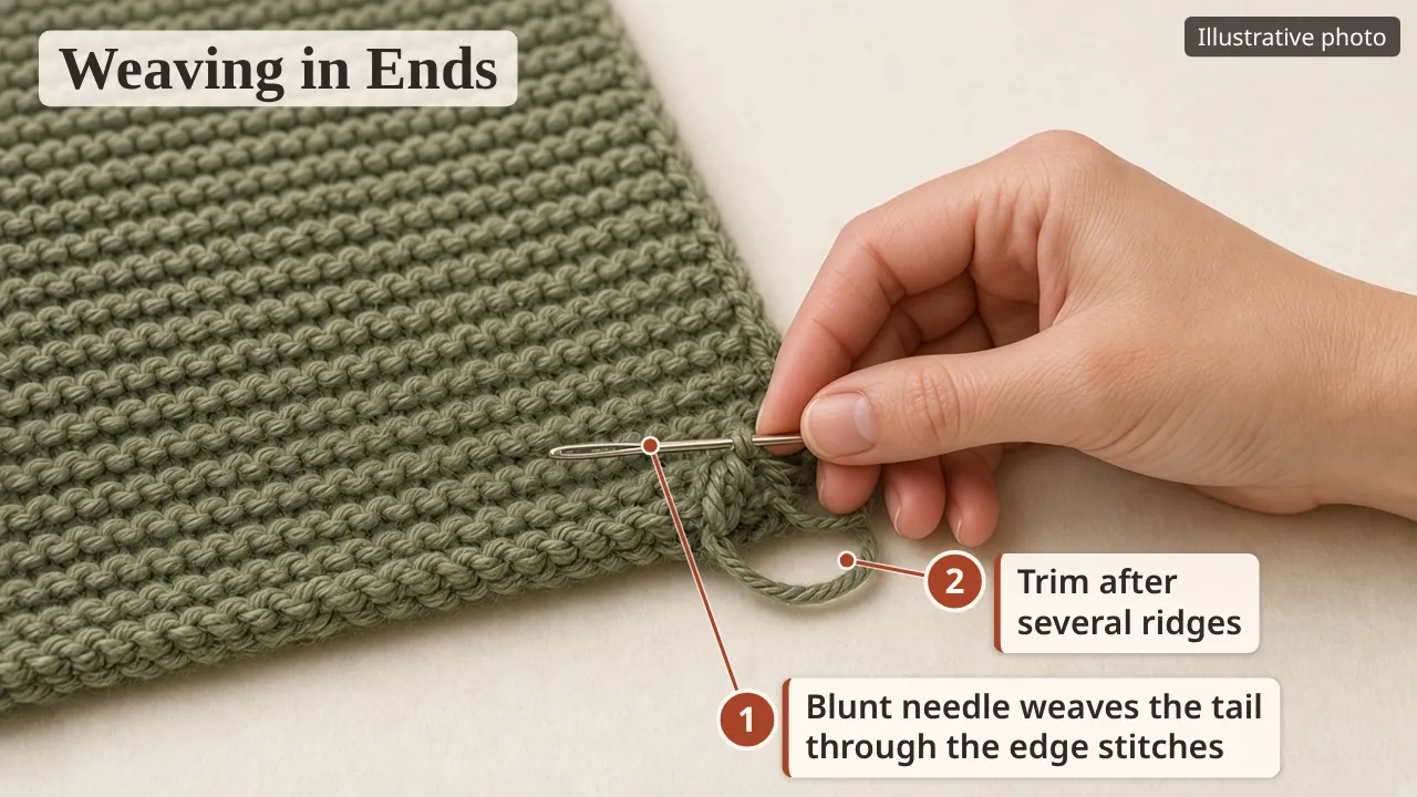 Weaving in ends: a blunt needle weaves the yarn tail through the edge stitches of the garter scarf; trim the tail after several ridges