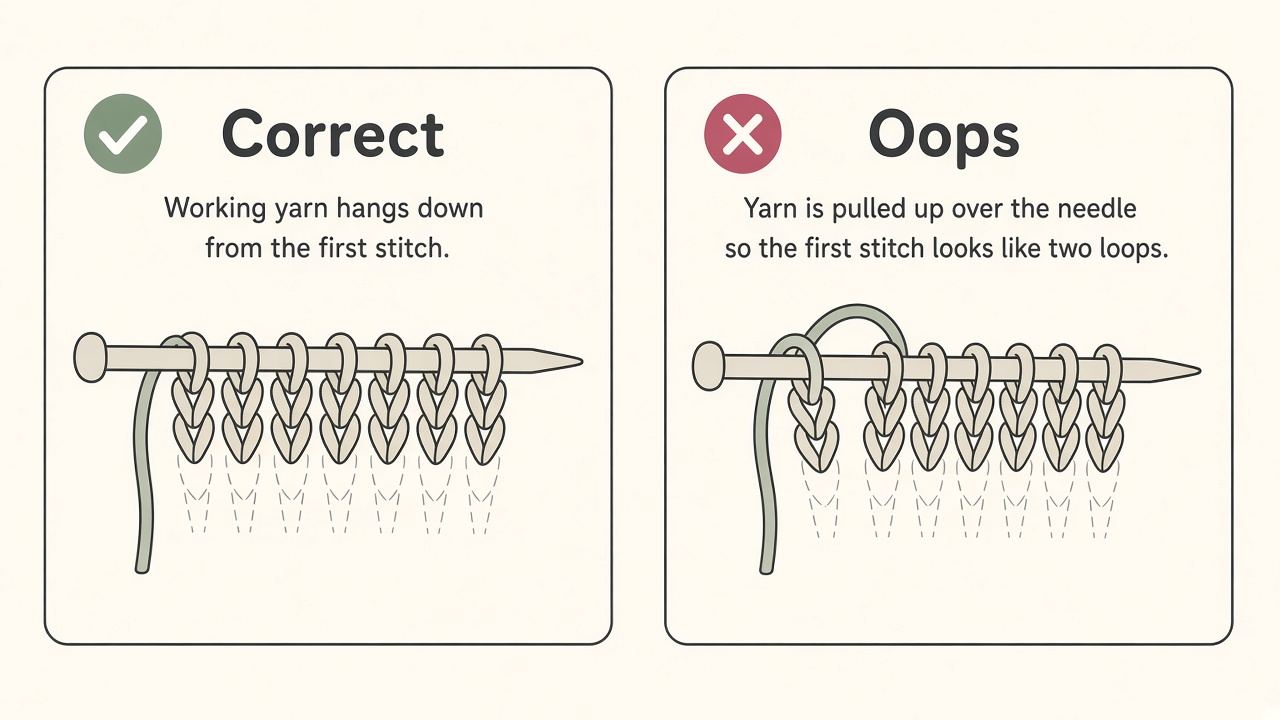 Correct vs incorrect yarn position at start of row